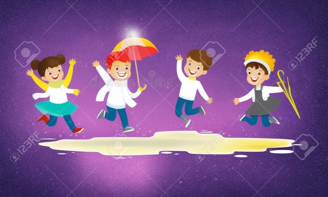 Uśmiechnięte małe dzieci skaczące w kałuży w ilustracji wektorowych deszczowy dzień