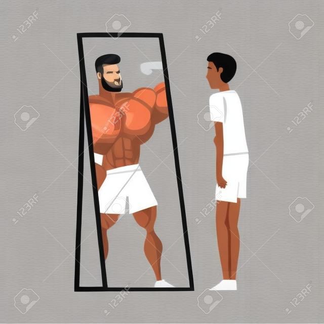 Facet stojący przed lustrem, patrząc na swoje odbicie i wyobrażać sobie, że jest muskularnym, atrakcyjnym sportowcem, zwykłym człowiekiem, widząc siebie inaczej w lustrze ilustracji wektorowych