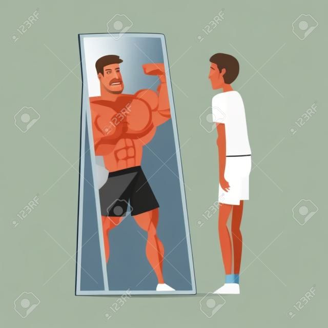 Guy Standing in Front of Mirror Looking at His Reflection and Imagine Himself as Muscular Attractive Athlete, Ordinary Man Seeing Himself Differently in Mirror Vector Illustration