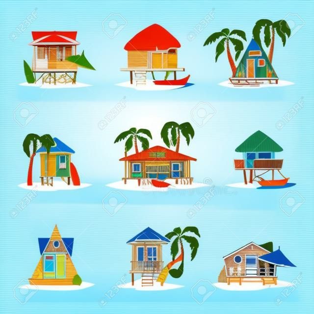 Kolekcja bungalowów na plaży na wybrzeżu tropikalnego morza, letnie wakacje nad morzem drewniane kabiny ilustracji wektorowych