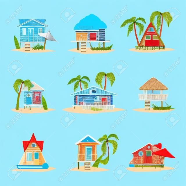 Collezione di bungalow sulla spiaggia sulla costa del mare tropicale, illustrazione vettoriale di cabine in legno per vacanze al mare estive