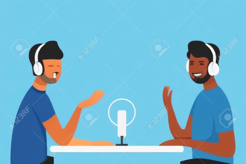 Radio Host Interviewing Male Guest on Radio Station, Two Men in Headphones Talking Flat Vector Illustration