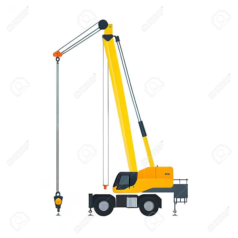 Maquinaria de construcción de grúa, transporte amarillo especial pesado, ilustración de Vector plano de vista lateral
