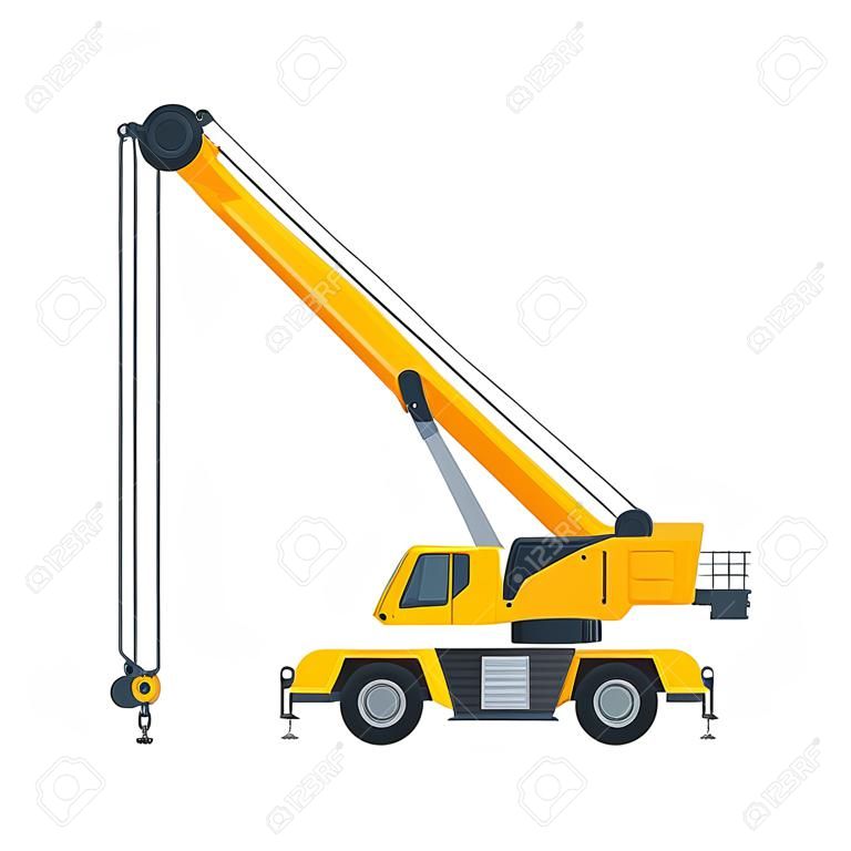 Maquinaria de construcción de grúa, transporte amarillo especial pesado, ilustración de Vector plano de vista lateral