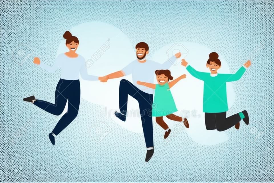 Jolie famille heureuse sautant avec les bras levés, père, mère, fille et fils s'amusant Illustration vectorielle
