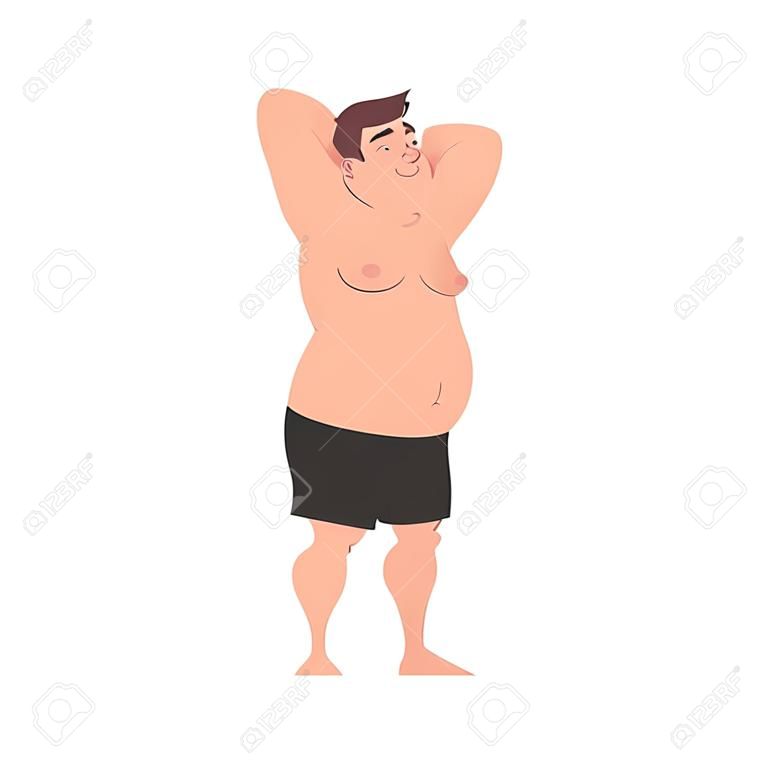 Hombre con sobrepeso con gran barriga en ropa interior Ilustración de estilo de dibujos animados sobre fondo blanco