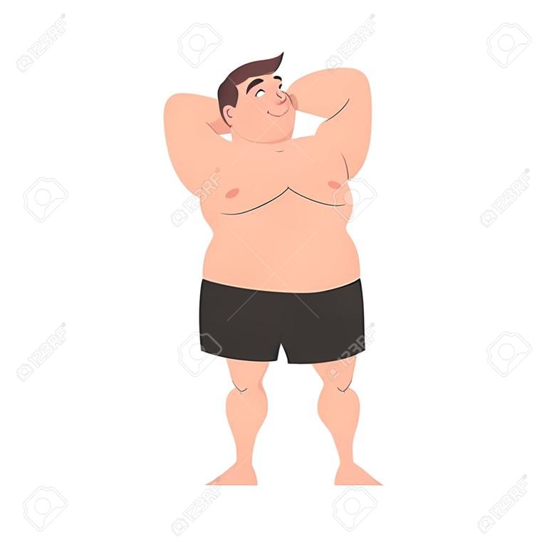 Hombre con sobrepeso con gran barriga en ropa interior Ilustración de estilo de dibujos animados sobre fondo blanco