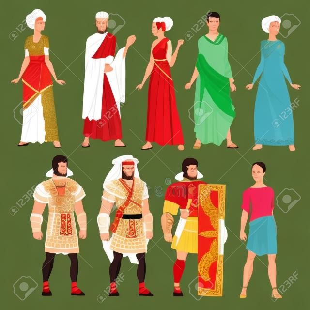 Roman Men and Women in Traditional Clothes Coleção, Roma Antiga Cidadãos e Legionários Personagens Ilustração vetorial