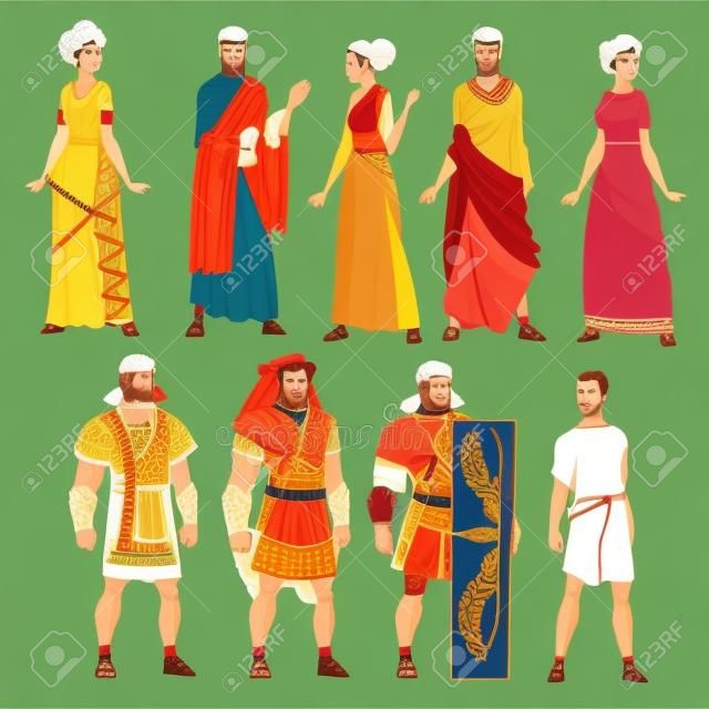 Rzymscy mężczyźni i kobiety w kolekcji tradycyjnych ubrań, starożytni obywatele rzymu i postacie legionistów ilustracji wektorowych