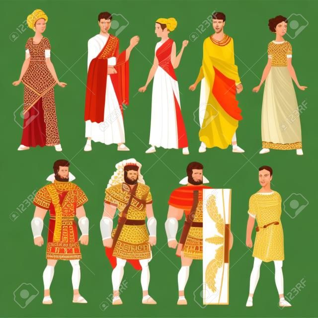 Roman Men and Women in Traditional Clothes Coleção, Roma Antiga Cidadãos e Legionários Personagens Ilustração vetorial
