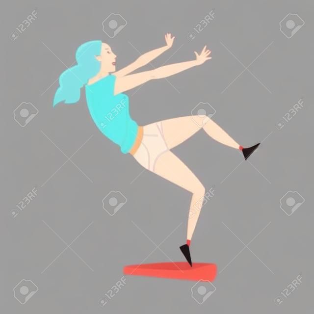 Young Woman Slipped and Lost Balance, Girl Falling Down Backwards on Floor Cartoon Style Vector Illustration on White Background