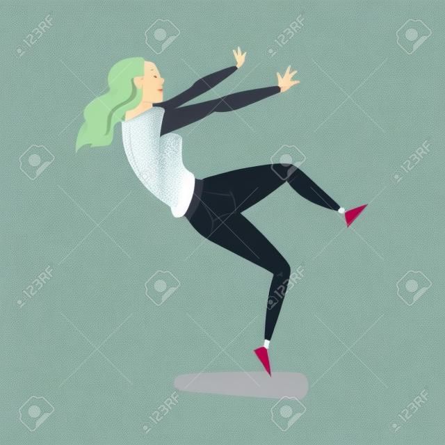 Young Woman Slipped and Lost Balance, Girl Falling Down Backwards op Floor Cartoon Style Vector Illustratie op witte achtergrond