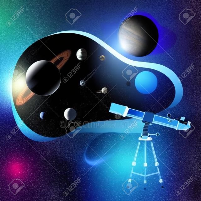 Artificial Space Satellite and Solar System Planets, Space Industry Exploration Concept Themed Vector Illustration Background