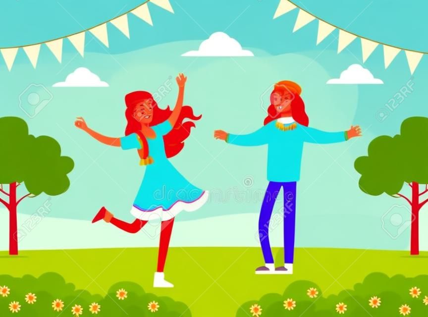Personagens hippies, Jovem e mulher dançando na natureza, Pessoas felizes vestindo roupas retrô dos anos 60 e 70 Ilustração vetorial