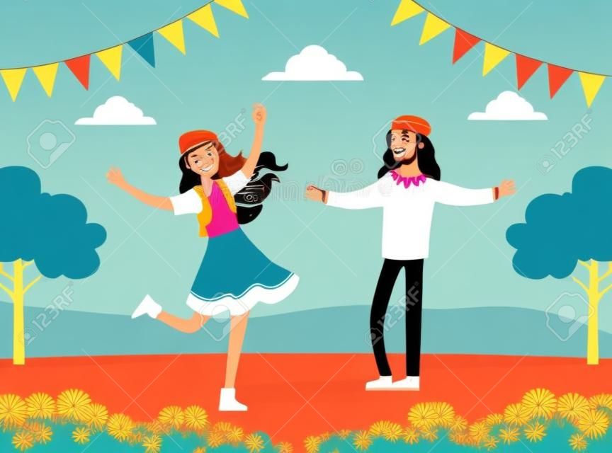 Personagens hippies, Jovem e mulher dançando na natureza, Pessoas felizes vestindo roupas retrô dos anos 60 e 70 Ilustração vetorial