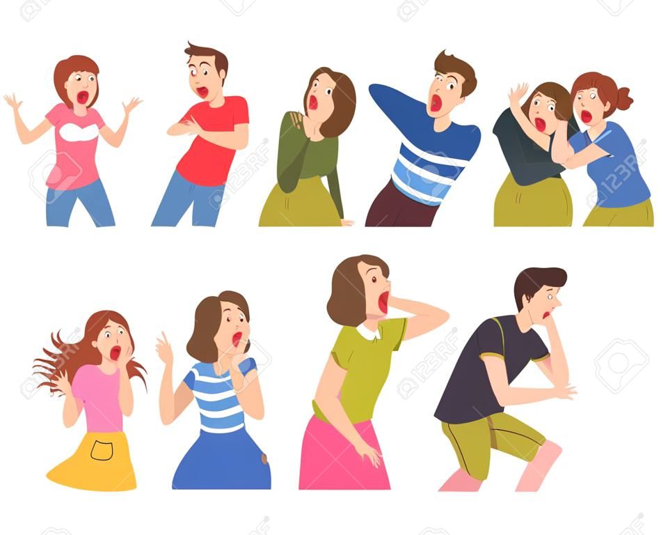 Young Men and Women with Shocked Face Expression Set, Emotional Reaction Concept, Surprised and Amazed People Cartoon Style Vector Illustration