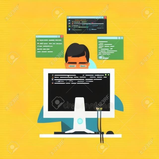 Man Web Developer or Programmer Working In Front of Computer Screen Vector Illustration
