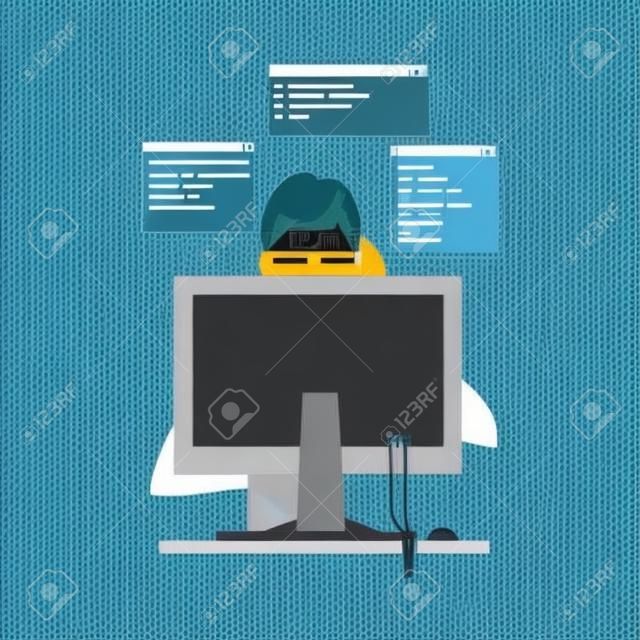 Man Web Developer of Programmeur die werkt voor Computer Screen Vector Illustratie