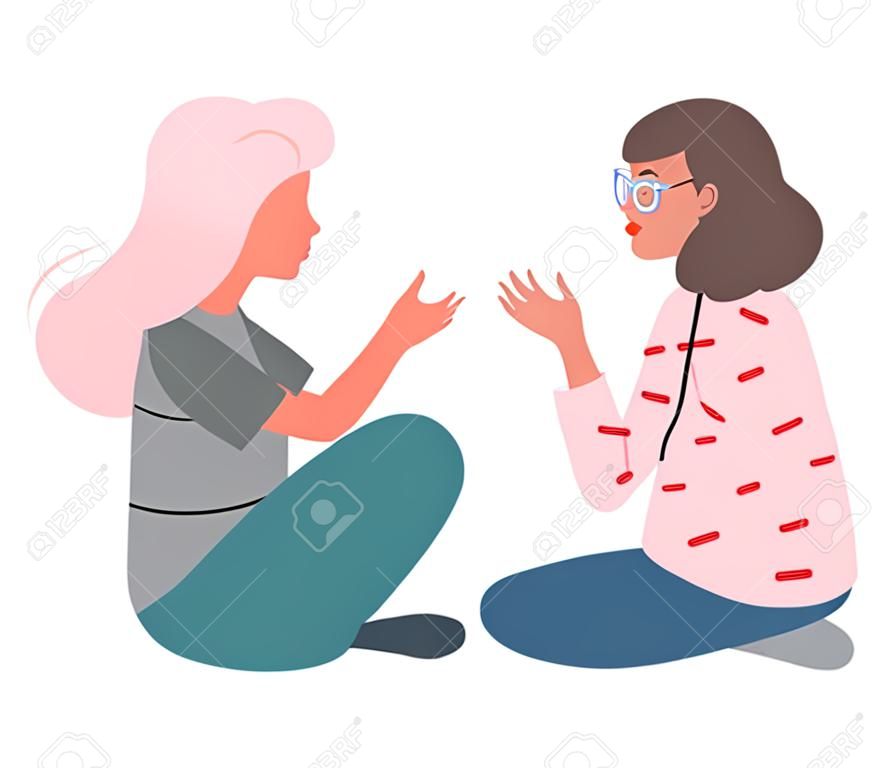 Couple of Young Woman Sitting Cross Legged and Talking Vector Illustration