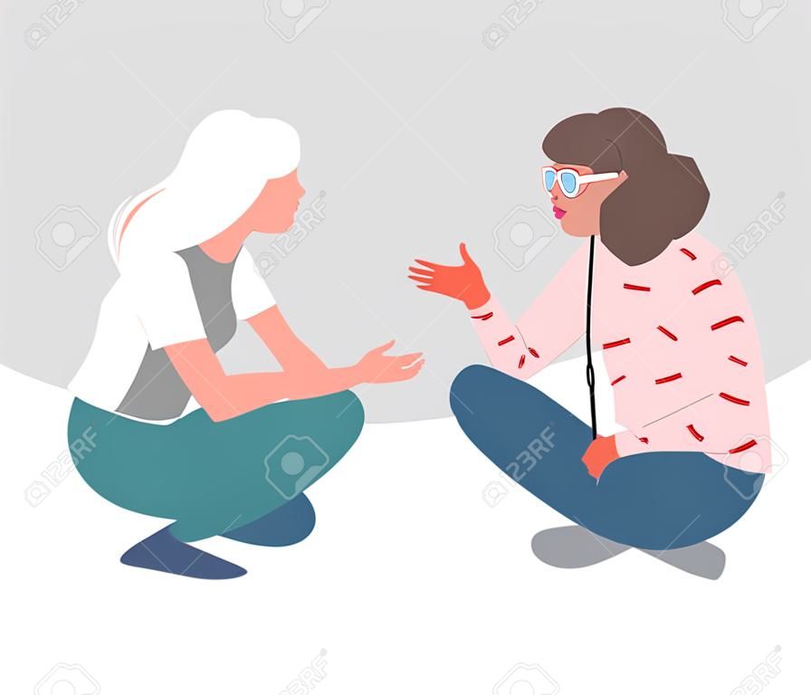 Couple of Young Woman Sitting Cross Legged and Talking Vector Illustration
