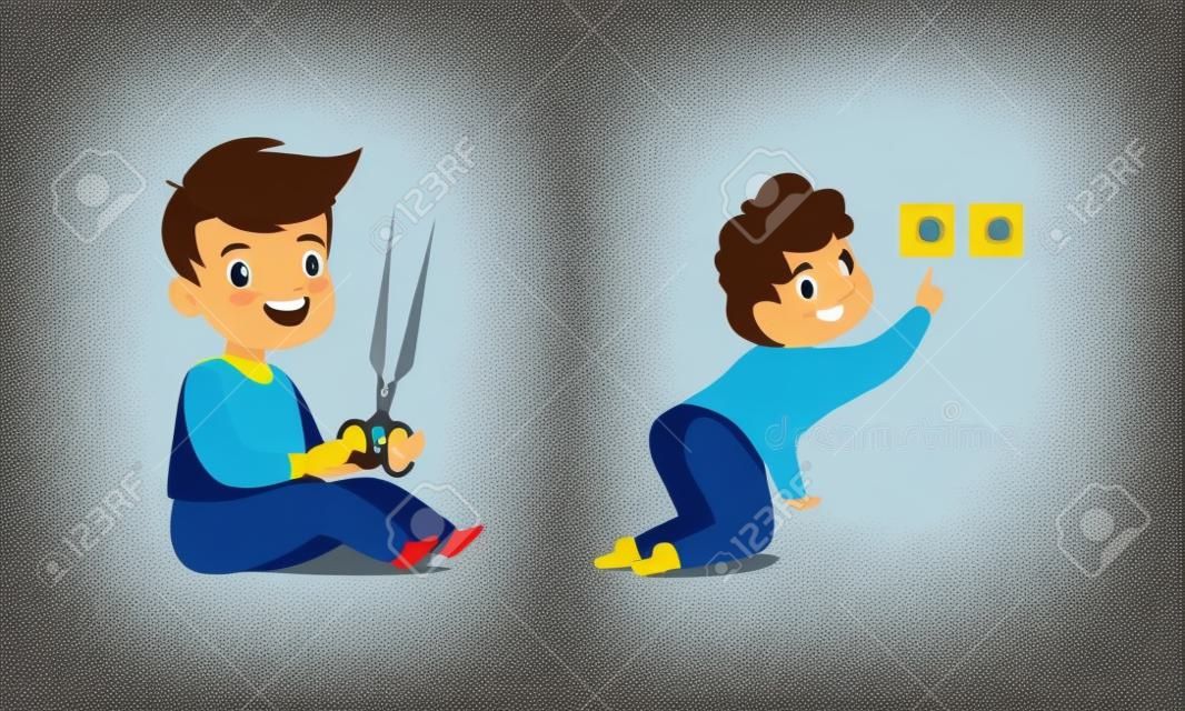 Kids in Dangerous Situations Set, Boy Playing Scissors, Toddler Baby Touching Electrical Socket Cartoon Vector Illustration