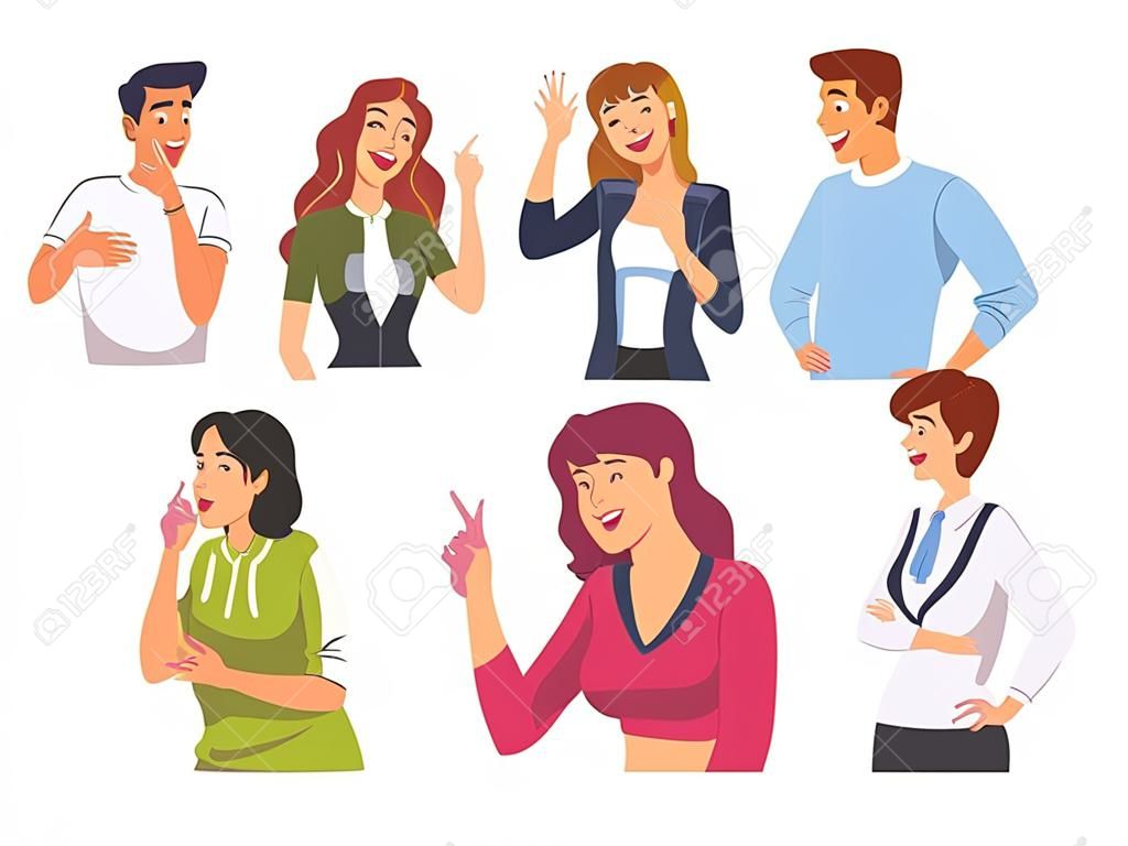 People Talking and Gesturing Set, Men and Women Communicating, Discussing Latest News or Gossiping Cartoon Vector Illustration