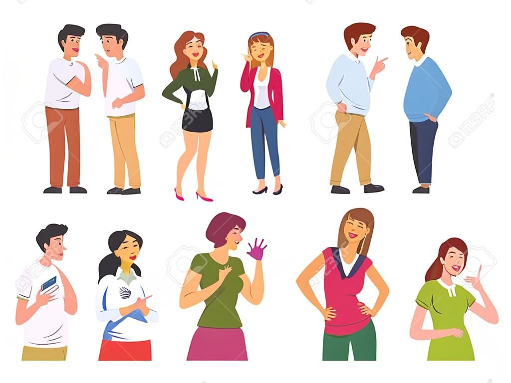 People Talking and Gesturing Set, Men and Women Communicating, Discussing Latest News or Gossiping Cartoon Vector Illustration