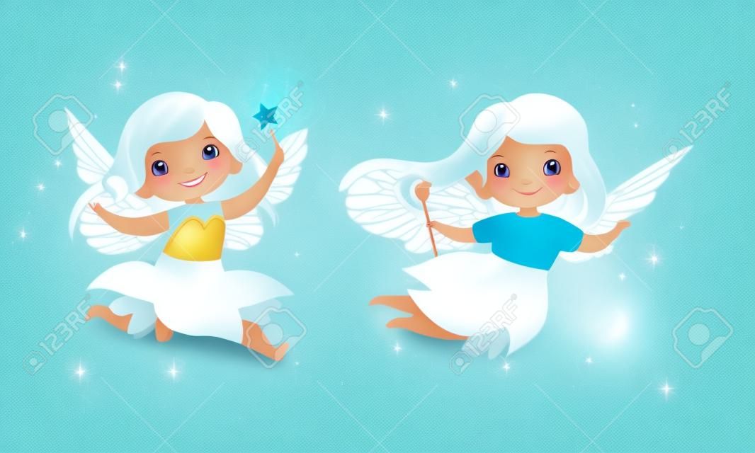 Cute Little Pixie Girl com asas etéreas voando com conjunto de vetores de varinha mágica