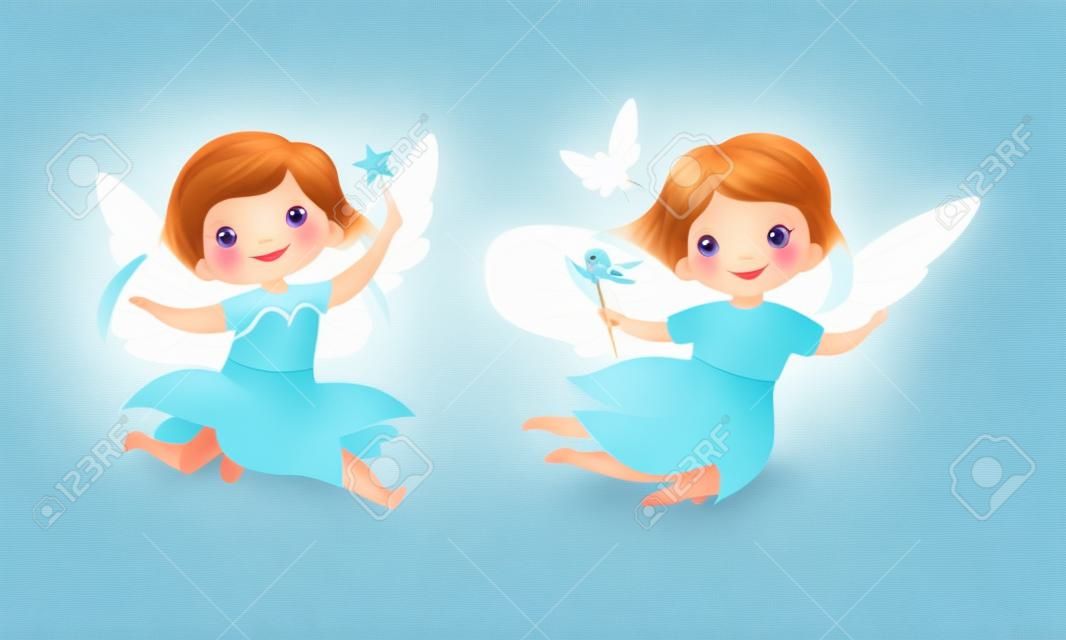 Cute Little Pixie Girl com asas etéreas voando com conjunto de vetores de varinha mágica