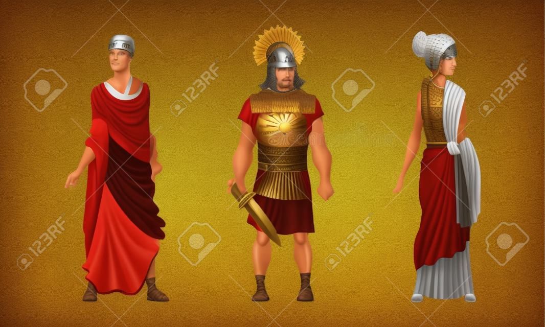 Ancien soldat romain ou guerrier grec et femme en longue tunique debout Vector Set