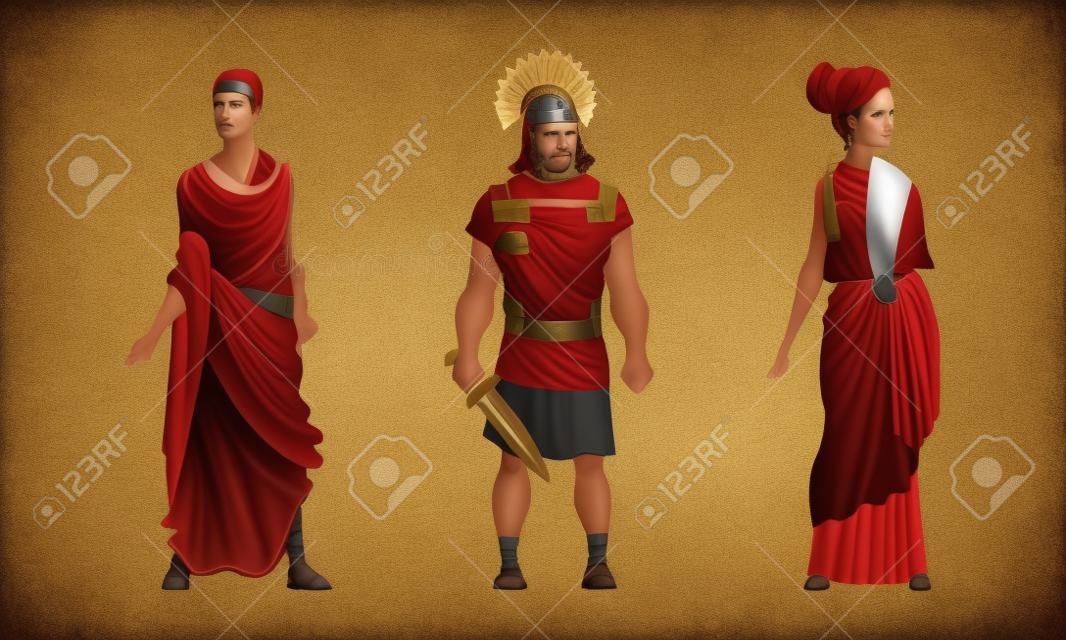 Ancien soldat romain ou guerrier grec et femme en longue tunique debout Vector Set