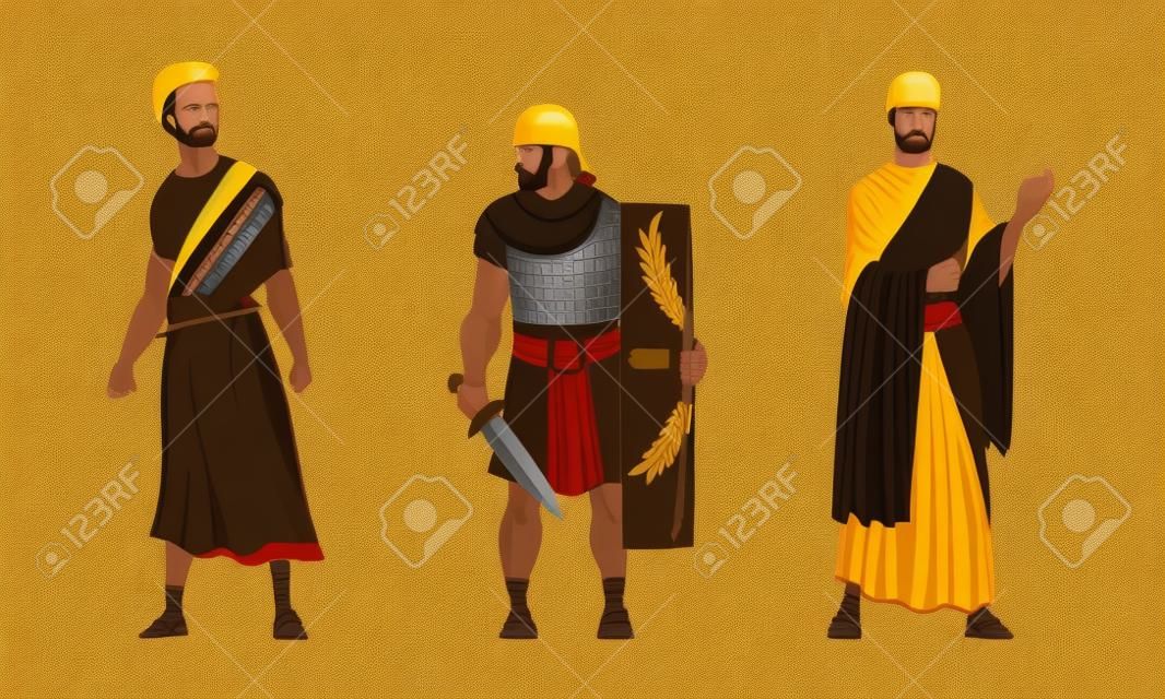 Ancien soldat romain ou guerrier grec et homme en longue tunique debout Vector Set