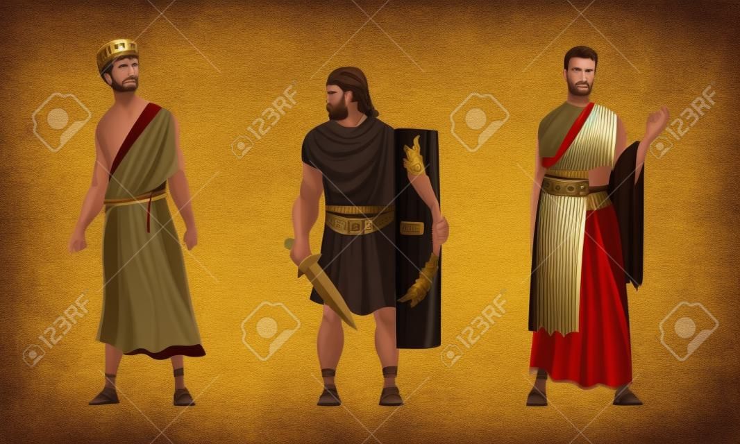 Ancien soldat romain ou guerrier grec et homme en longue tunique debout Vector Set