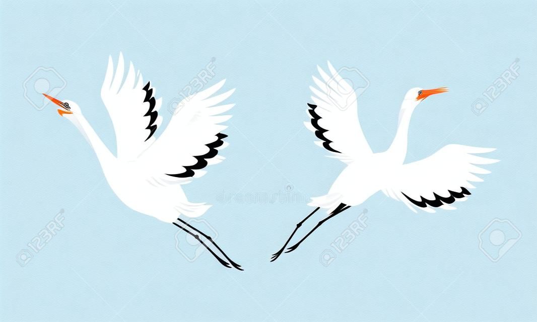Beautiful flying crane birds. White stork, egret, heron vector illustration