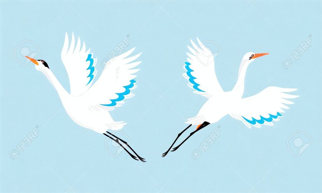 Beautiful flying crane birds. White stork, egret, heron vector illustration