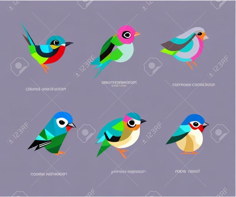 Colorida colección de pájaros estilizados con soberbia hada wren, rodillo de pecho lila, pinzón común, gorrión, gran tit y bullfinch conjunto de vectores