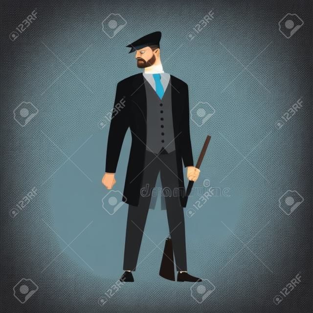 외투를 입고 뾰족한 평평한 모자 벡터 삽화를 입은 오래된 런던의 남자 산적이나 갱스터
