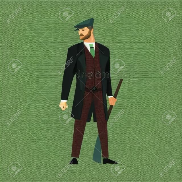 외투를 입고 뾰족한 평평한 모자 벡터 삽화를 입은 오래된 런던의 남자 산적이나 갱스터