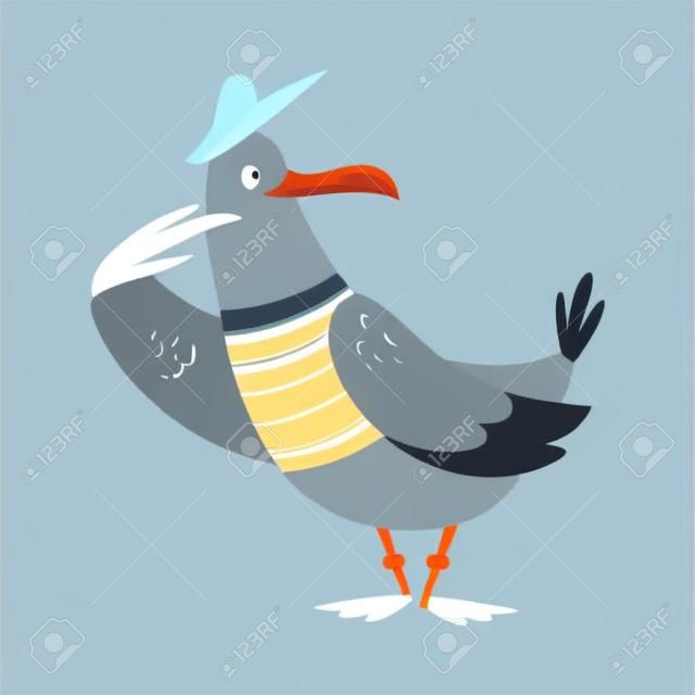 Gull Character with Webbed Feet Wearing Striped Vest and Hat Saluting Vector Illustration