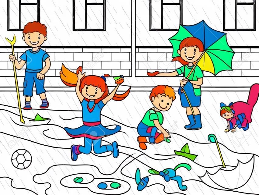 I bambini che colorano i bambini di vettore che giocano in tempo piovoso