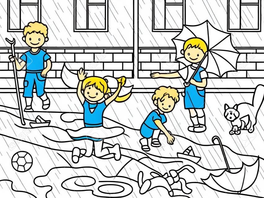 子供の着色ベクトル雨の天気で遊ぶ子供たち