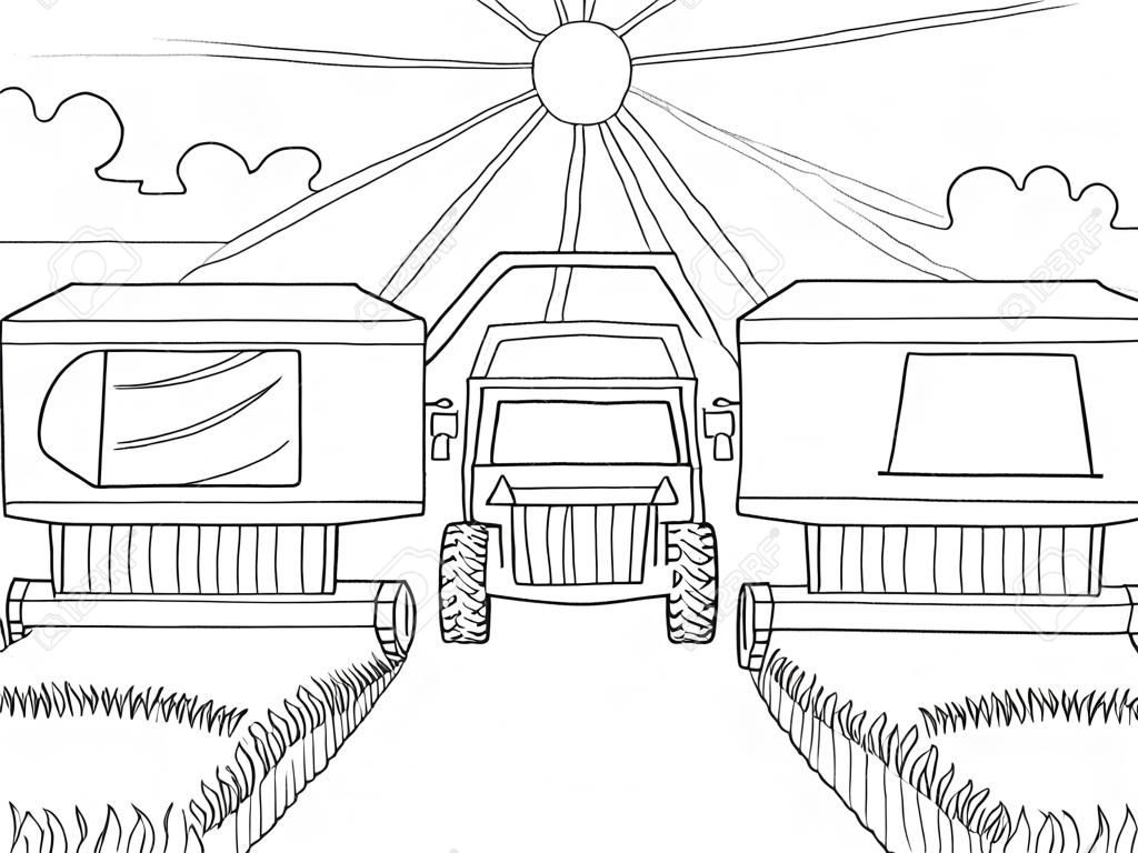 Раскраски для взрослых: комбайн собирает урожай в осеннем стиле в оттенках серого