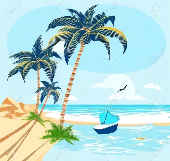 Nyári strand pálmafákkal, sirályokkal és hajóval a parton; kézzel rajzolt vektor