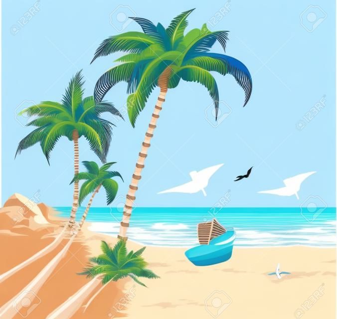Summer beach with palm trees, seagulls and boat on shore; hand drawn vector 