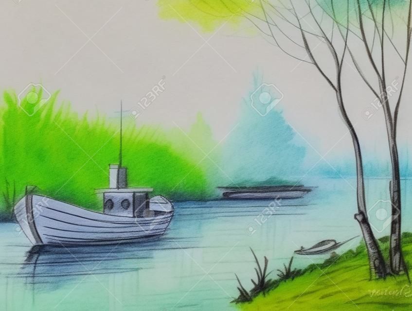 Esboço da natureza, barco no rio ou delta