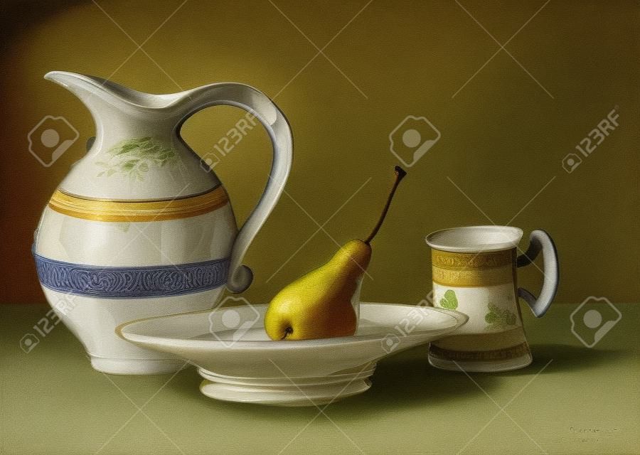 靜物，壺，盤，梨，一杯。廚房裝修項目