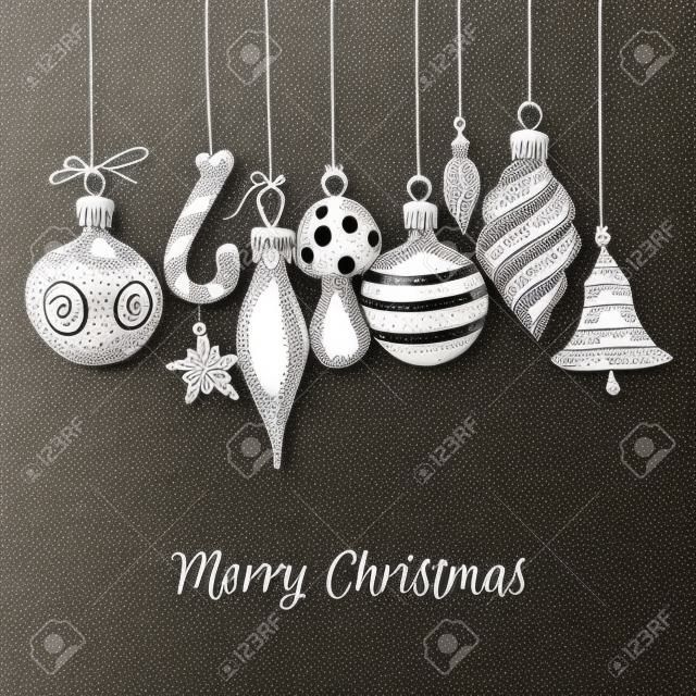 Dibujados a mano adornos de Navidad en blanco y negro
