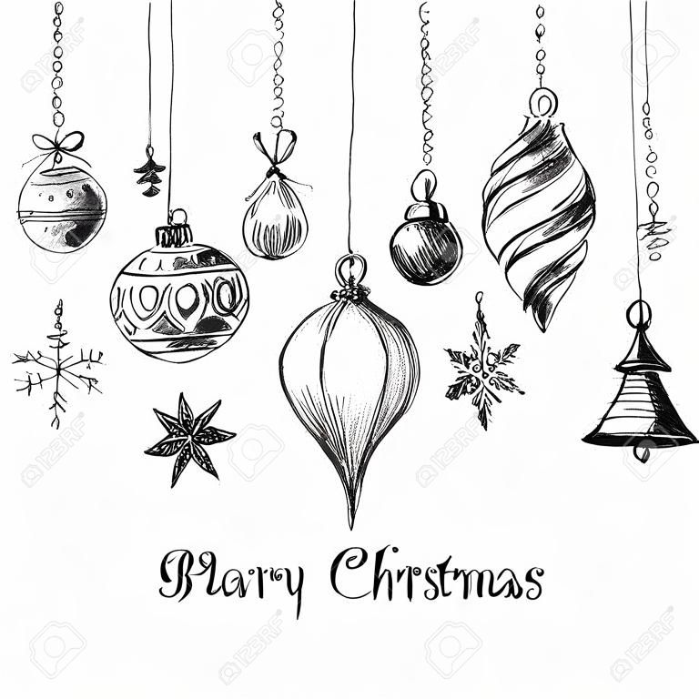 Schwarze und weiße Weihnachtshand gezeichnete Ornamente