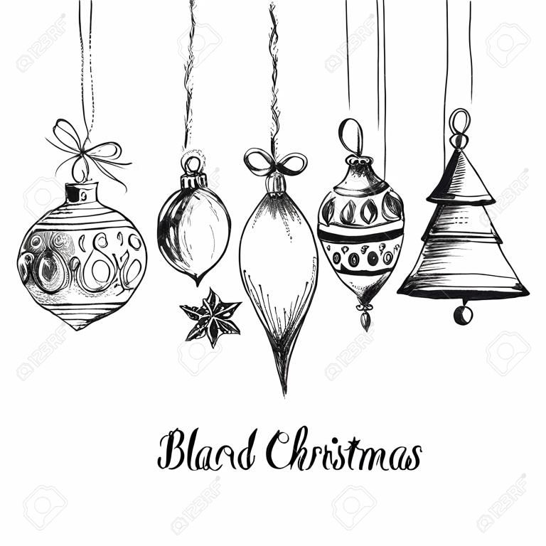 Ornamentos desenhados à mão de Natal preto e branco