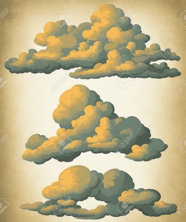 Detailed vintage style clouds vector set